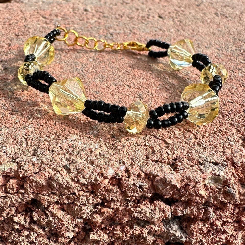 Handmade Yellow & Black Adjustable Beaded Bracelet with Gold Colored Clasp